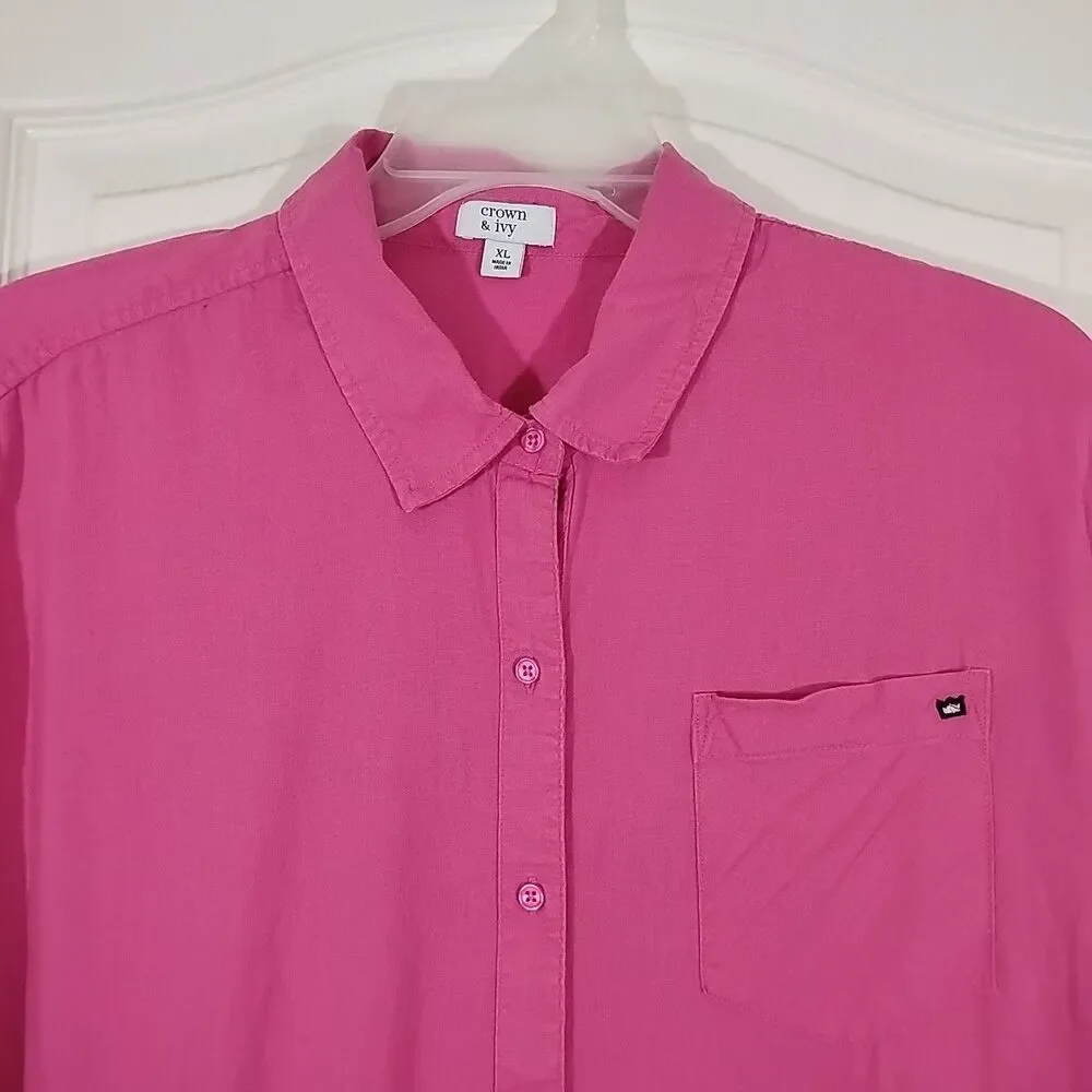 Crown & Ivy Womens XL Pink Button Front Top Long Sleeve Linen Blend